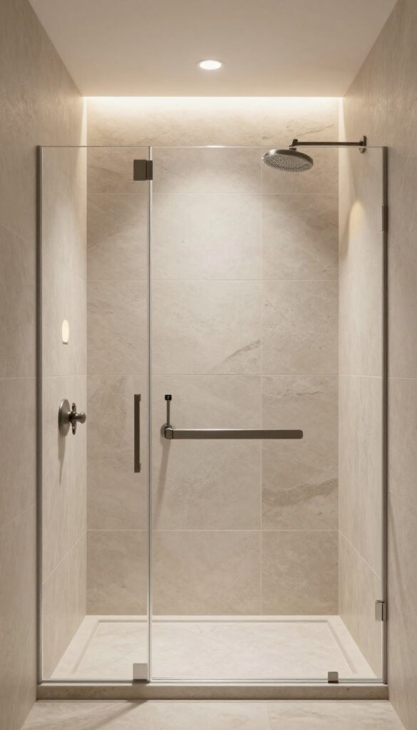 Modern curbless shower with layered lighting including recessed ceiling lights, wall sconces, and a pendant light in a neutral bathroom setting.