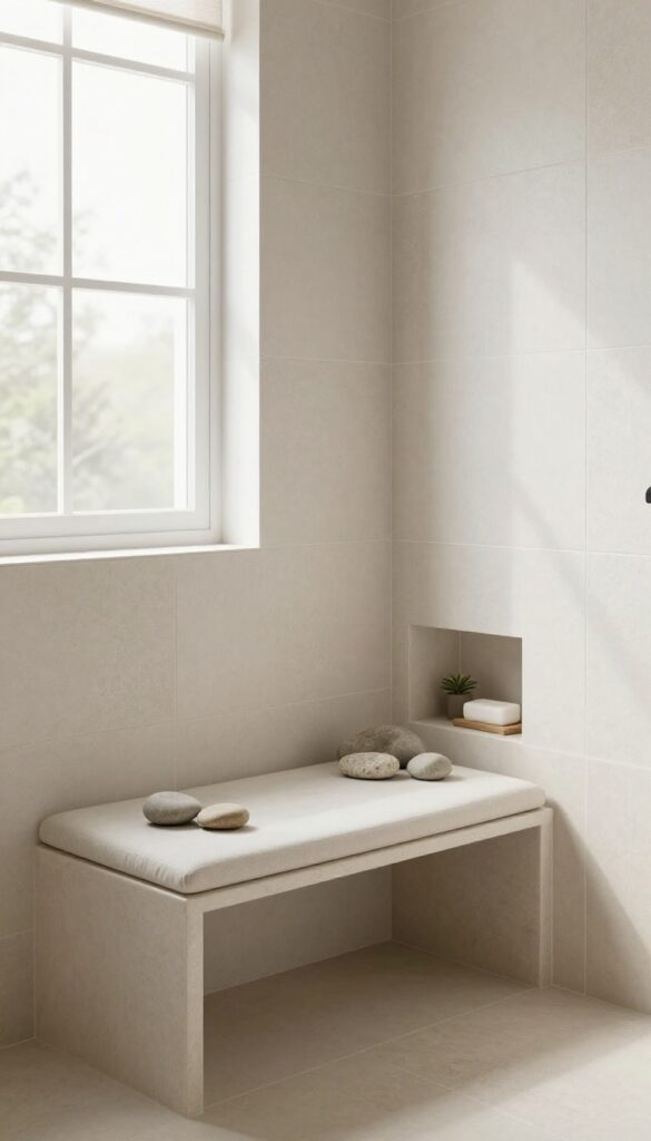 A corner bench in a small shower maximizing space with matching stone tiles, natural light, and functional details like a cushion and niches