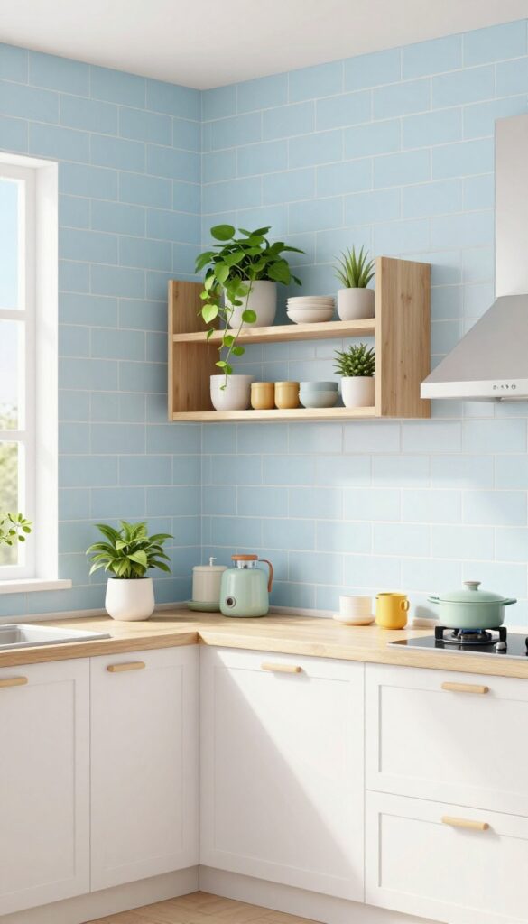Toca Boca kitchen with light blue subway tile backsplash, white cabinets, pale wood shelves, and green plants