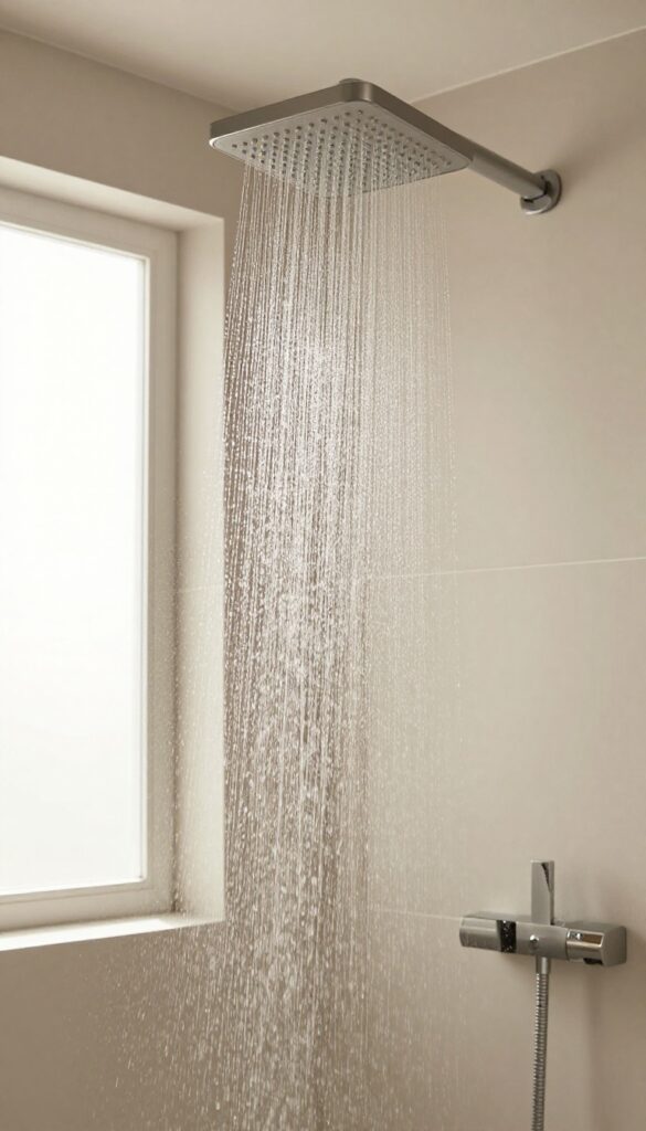 A rainfall showerhead delivering a gentle, wide spray in a modern master bathroom, creating a spa-like experience with natural light and clean design.