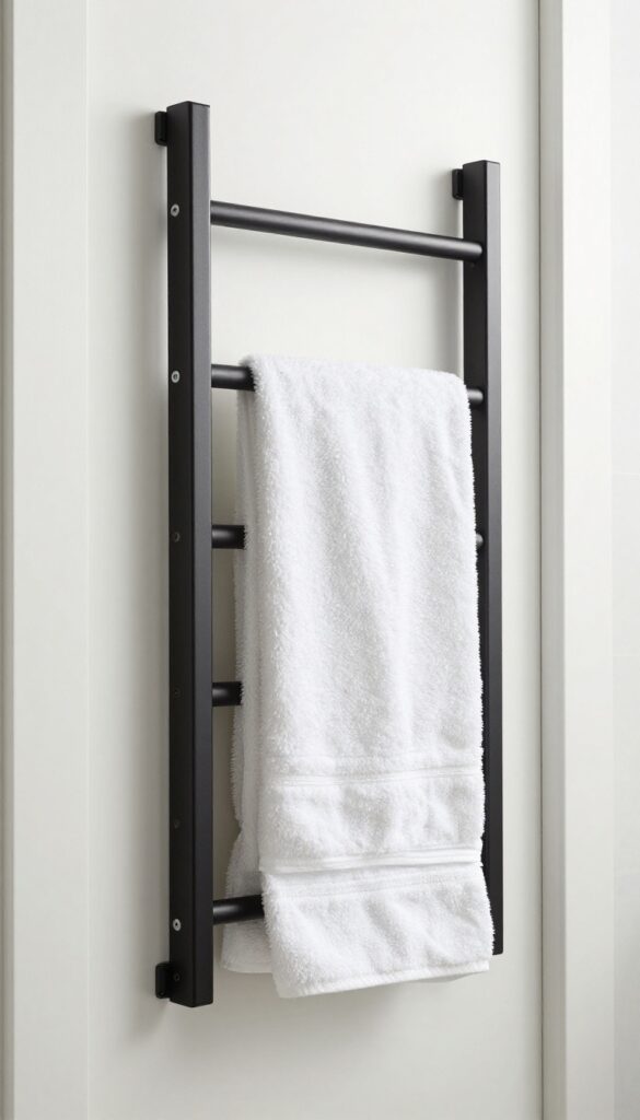 A back-of-door towel rack with multiple bars holding white towels in a bright, clean modern bathroom.
