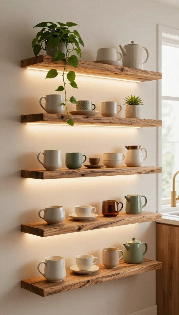 Rustic wood shelves with warm lighting in a cozy coffee station