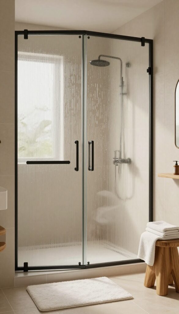Bright bathroom with textured glass shower partition, matte black fixtures, warm wood accents, and neutral tiles.