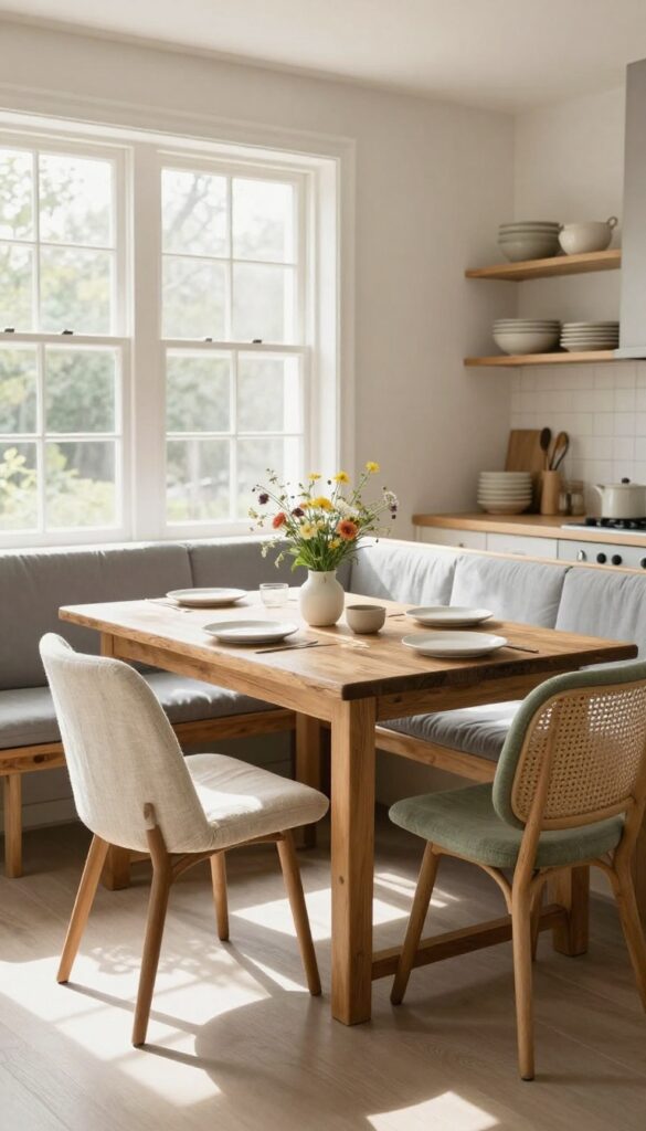 A cozy kitchen diner with mixed seating: a wooden bench on one side and mismatched chairs on the other, creating an inviting and collected-over-time look.