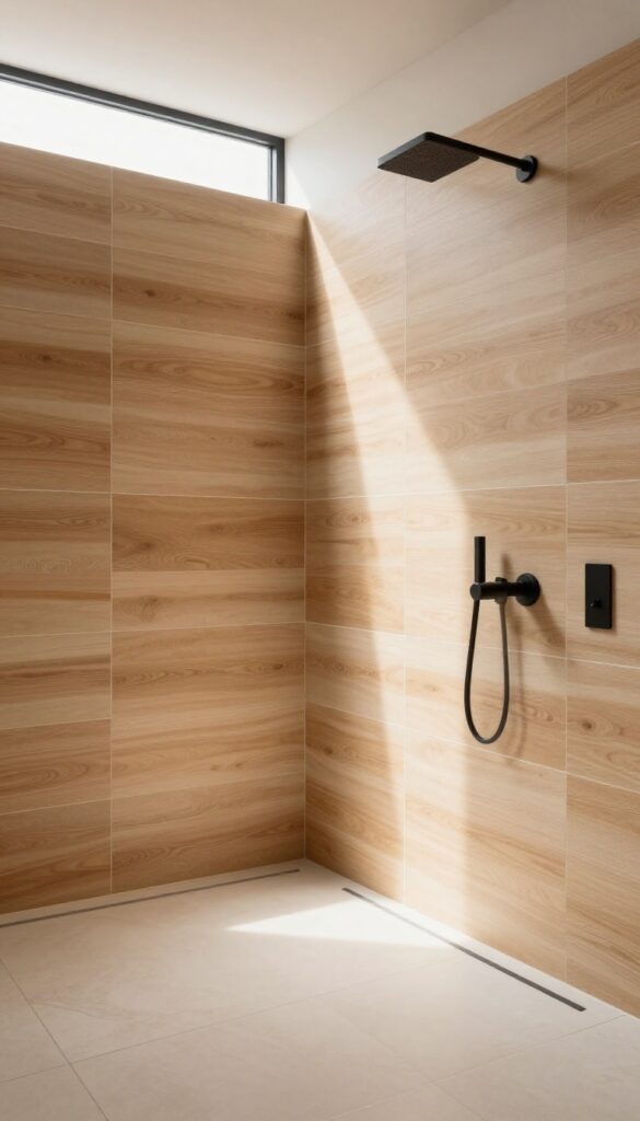 Luxurious walk-in shower with extra-large wood-look porcelain planks, matte black fixtures, and natural light
