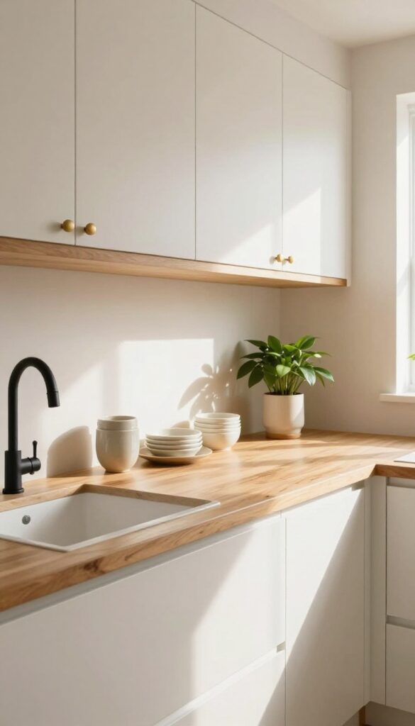 Creamy white kitchen with warm wood accents, butcher block countertops, open shelving, natural light