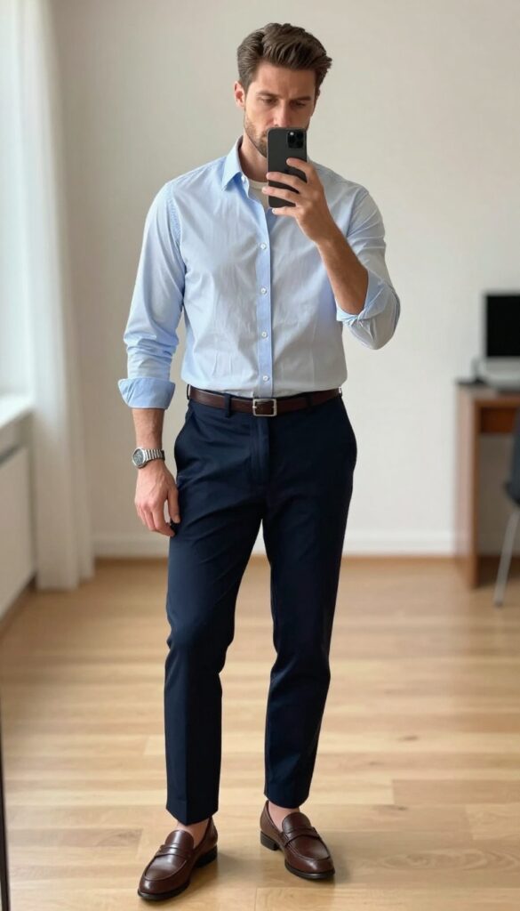 Mirror selfie of a man in a cream sweater over a light blue button-down shirt with navy chinos and brown loafers, holding his phone.