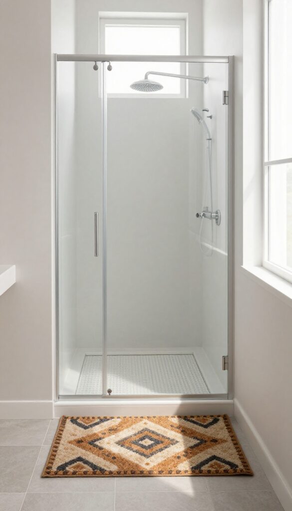 Small bathroom with a cozy rug placed outside the shower, adding warmth and pattern to the tile floor.
