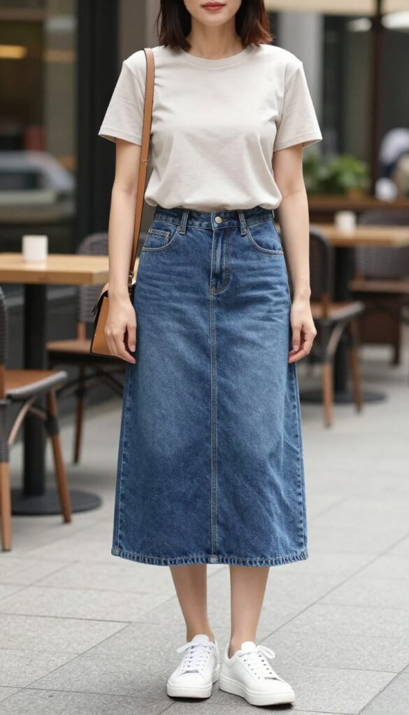 A woman wearing a graphic tee and long denim skirt in a casual summer outfit, styled with sneakers and minimal accessories, standing in bright natural light for a fashion-blog look.