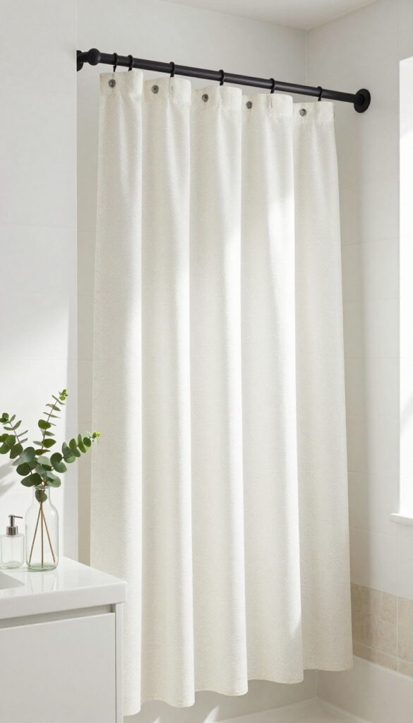 Neutral geometric print shower curtain in a bright, minimal bathroom with matte black hardware and eucalyptus accent.