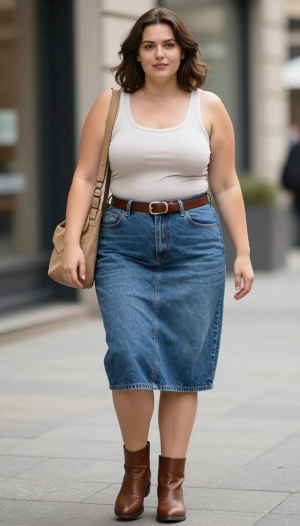 A woman wearing a denim skirt and tank top outfit with brown ankle boots, styled in a modern fashion-blog look for summer, featuring neutral tones and structured accessories in bright natural light.