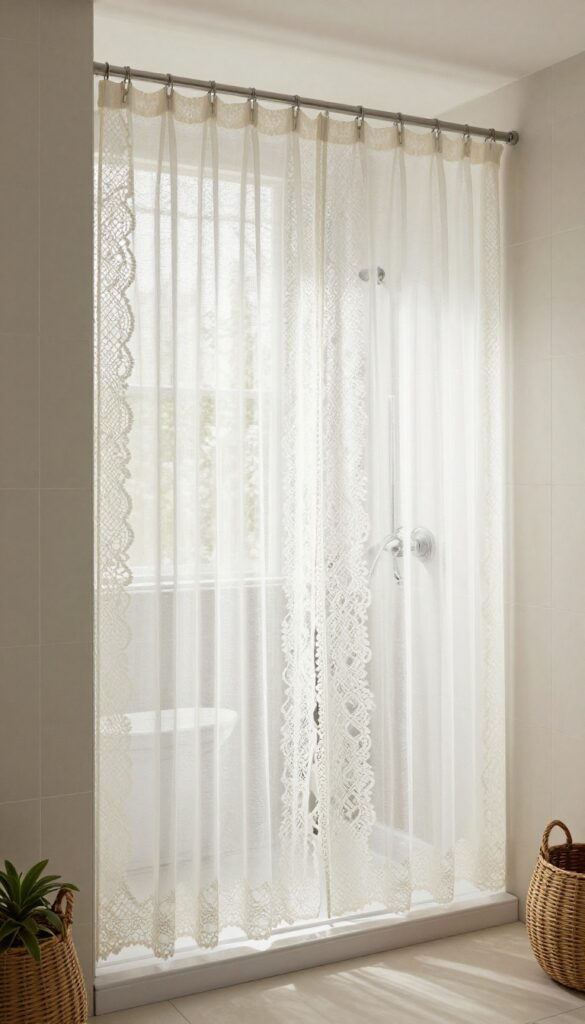 A walk-in shower with patterned lace-inset curtains filtering natural light for a soft, relaxed bathroom decor.