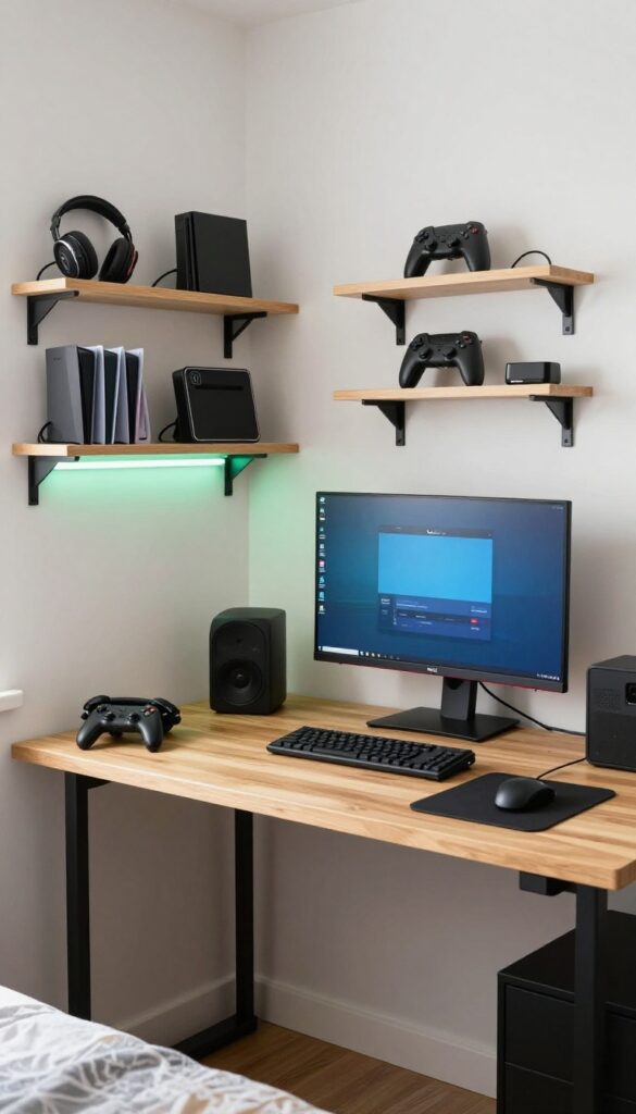 A clean and organized gaming setup in a teen boy's bedroom, featuring a desk with mounted monitor, wall shelves for consoles, LED lighting, and minimal accessories under bright natural light.