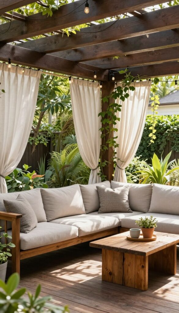 Large deck with dark-stained pergola, seating area, string lights, and outdoor curtains