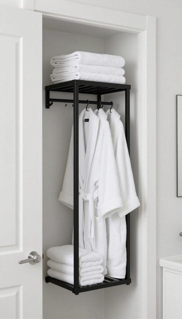 A close-up view of an over-the-door wall rack in a modern bathroom, holding towels and a robe on the back of a white door in bright natural light.