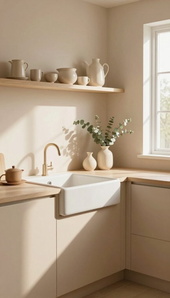 Terracotta accent wall with neutral cabinets in a bright kitchen