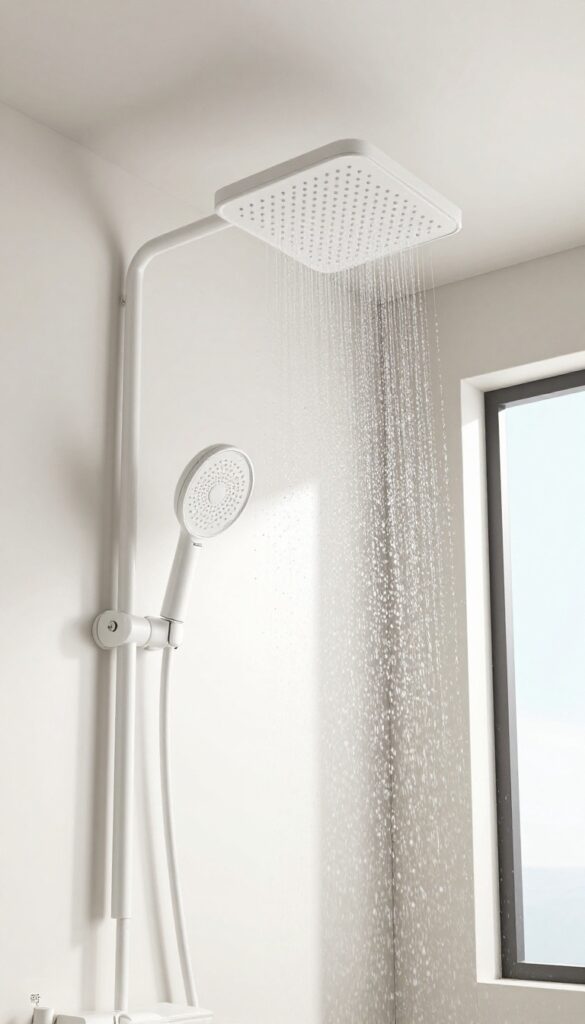 Ceiling-mounted rain shower with wall-mounted handheld in a modern minimalist bathroom