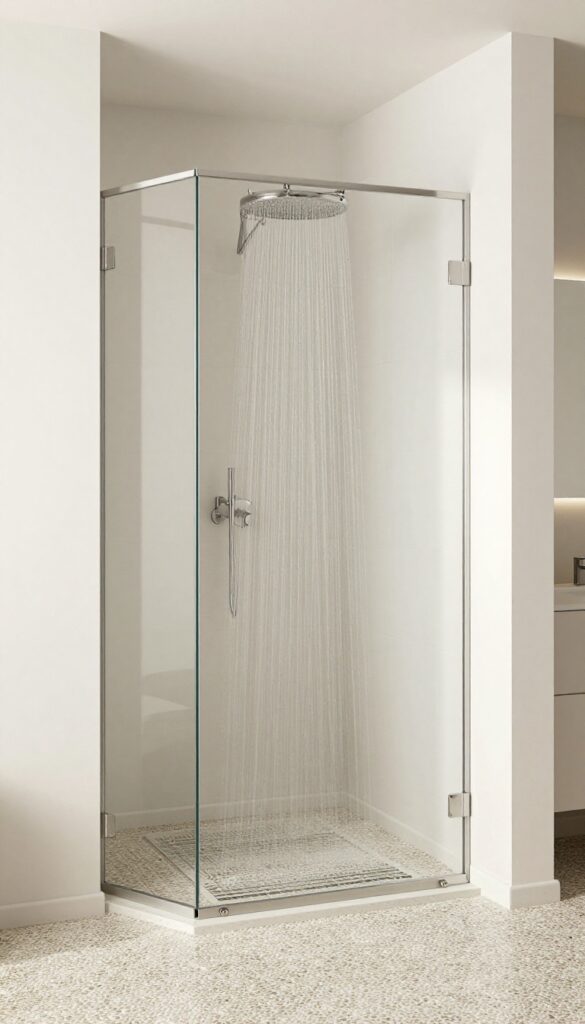 A basement shower with pebble flooring and natural decor elements in bright light