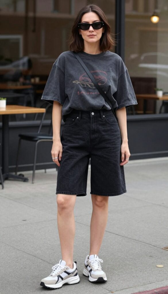A woman wearing black shorts and an oversized graphic tee with chunky sneakers, styled casually for summer, showcasing a balanced outfit with a graphic tee as the focal point.