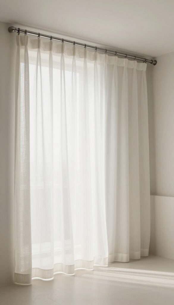 A bathroom with a ceiling-mounted curved shower curtain rod, showing a grand canopy effect with billowing curtains in natural light.