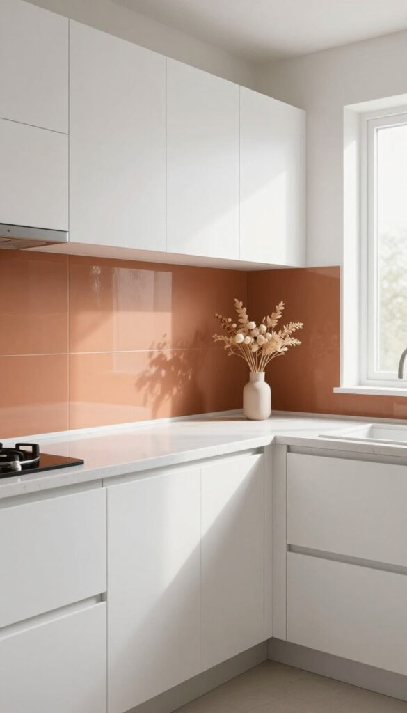 Cozy kitchen with white cabinets and a warm terracotta tile backsplash, bright natural light, clean and inviting.