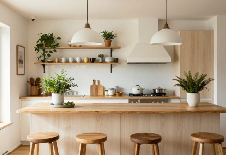 Cozy kitchen breakfast bar with mixed stools, shelf, pendant light, and herb centerpiece