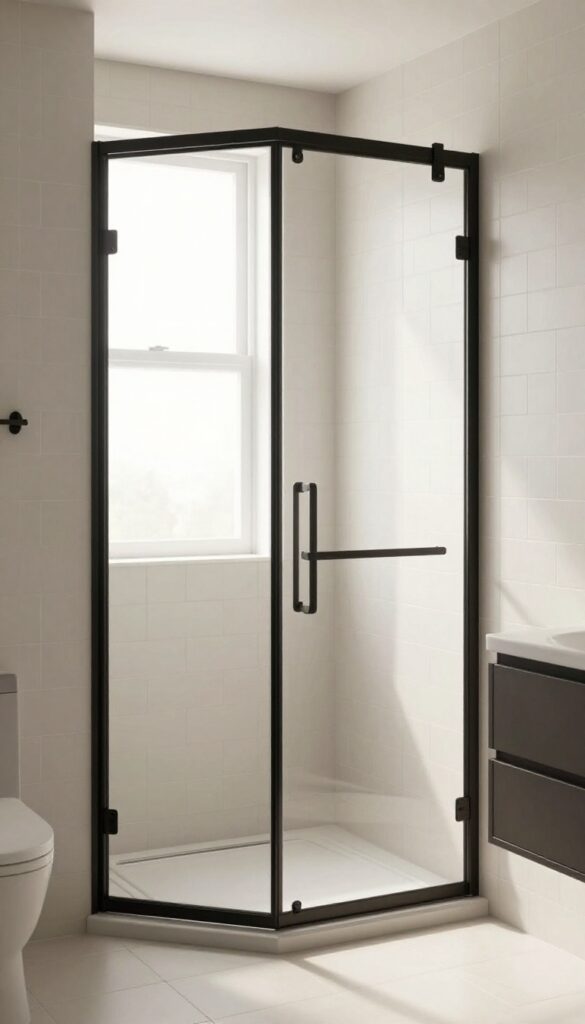 A sleek black-framed shower door in a modern bathroom with light tiles and natural lighting