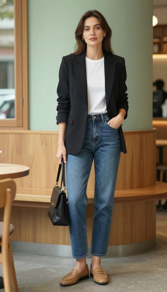 Woman in black blazer and straight jeans with loafers, standing in a bright coffee shop, smart casual outfit.