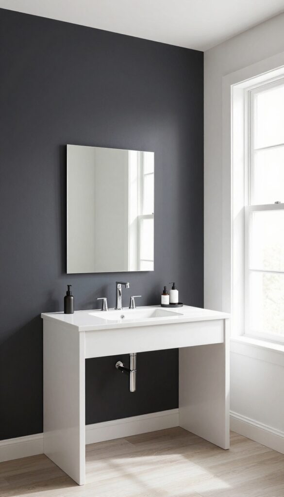 A modern men's bathroom featuring a dark charcoal accent wall contrasting with white fixtures and bright natural light