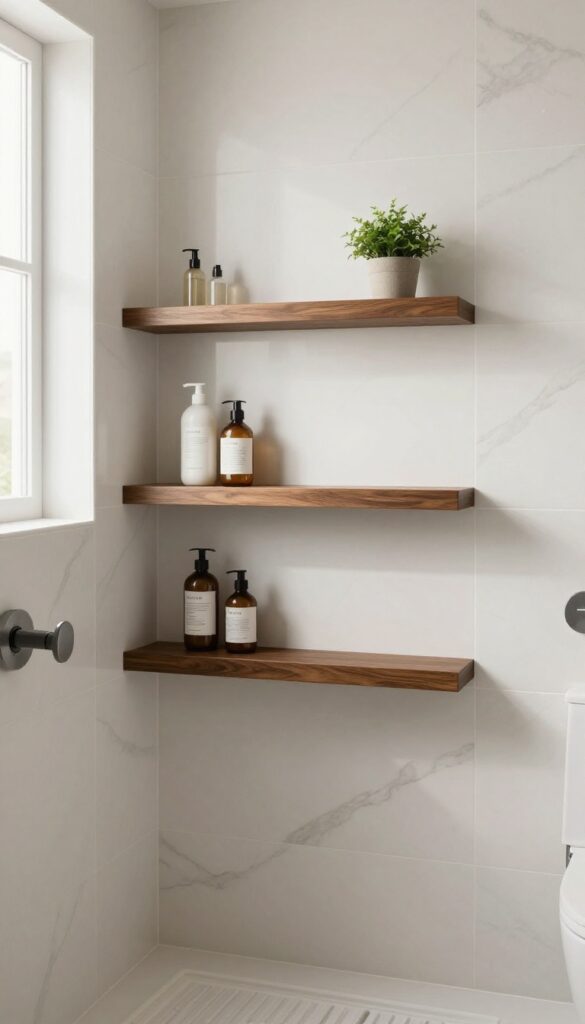 A walk-in shower with a built-in niche featuring layered dark wood shelves against light tiles, organized with toiletries and a decorative plant, illuminated by natural light for a clean, open bathroom look.