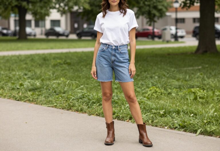 A woman wearing brown boots with denim shorts and a white tee in a casual summer outfit, styled for a fashion blog with realistic and wearable high-street editorial aesthetics.