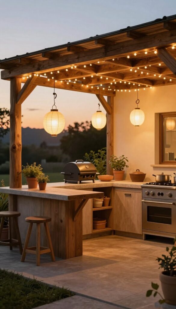 Outdoor kitchen with string lights and lanterns creating warm ambient lighting
