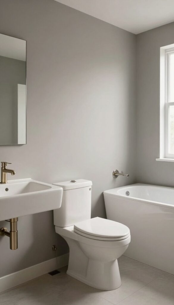 A serene bathroom with soft gray walls and white fixtures in natural light