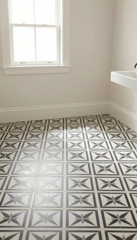 A bathroom with patterned black and white floor tiles as the focal point, featuring geometric designs under bright natural light for a stylish yet controlled look.