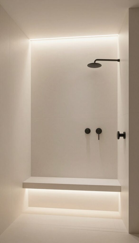 A steam shower with mood lighting using LED strips for a relaxing spa-like atmosphere.