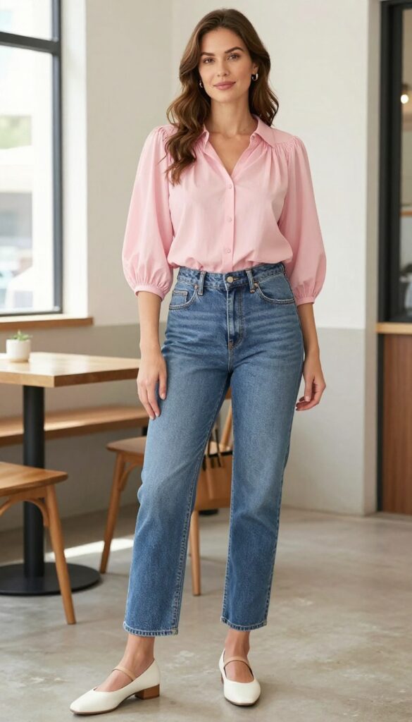 A woman wearing high-waisted mom jeans and a soft pastel blouse with puff sleeves, paired with ballet flats and a tote bag, standing in a sunlit café setting.