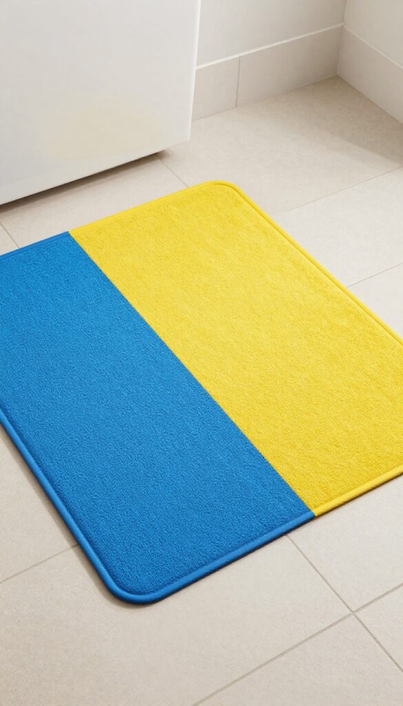 A color-blocked shower mat with vibrant blue and yellow sections on a neutral bathroom floor, adding modern comfort without looking cheap.