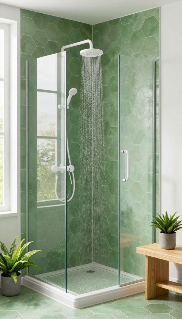 A walk-in shower with green hexagon tiles, white fixtures, natural light, and botanical accents for a fresh and calm bathroom design