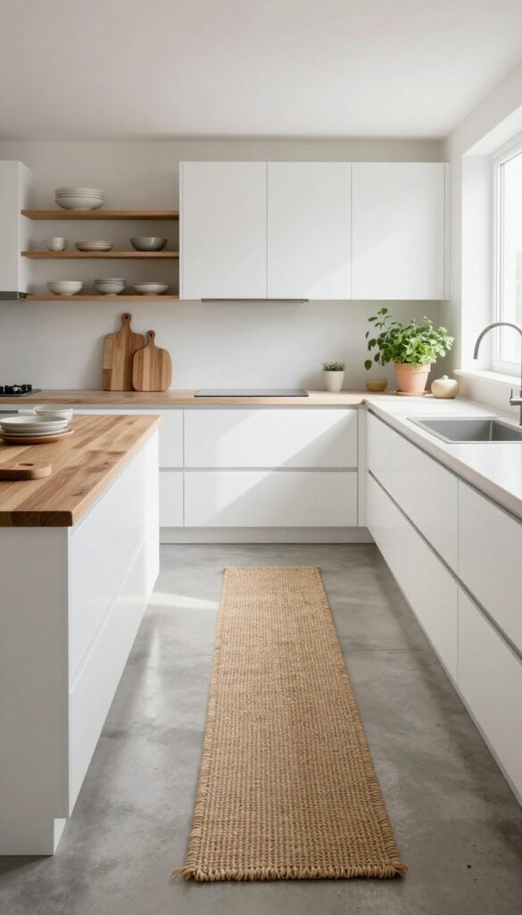 Modern kitchen with a natural jute runner adding texture to the floor