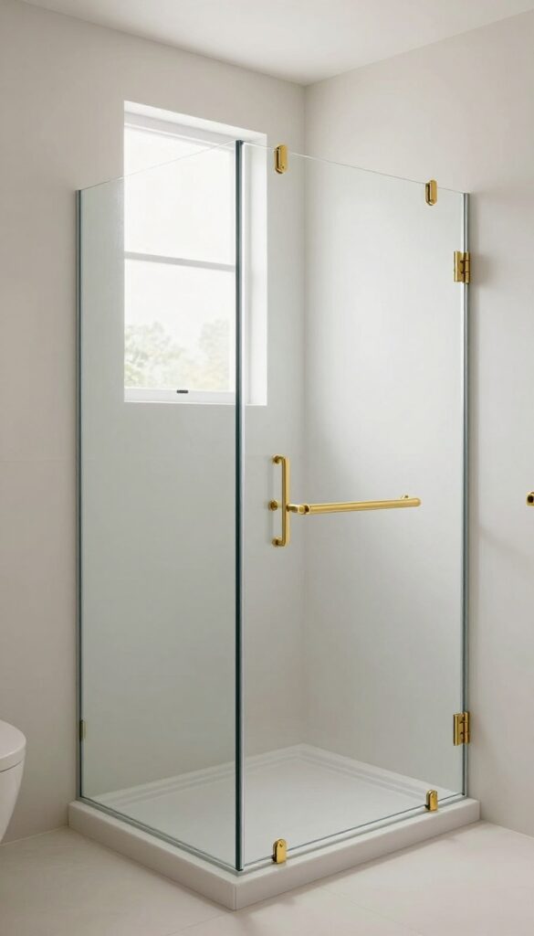 Pivot hinged glass shower door in a bright, modern bathroom with brass hardware and beveled edges
