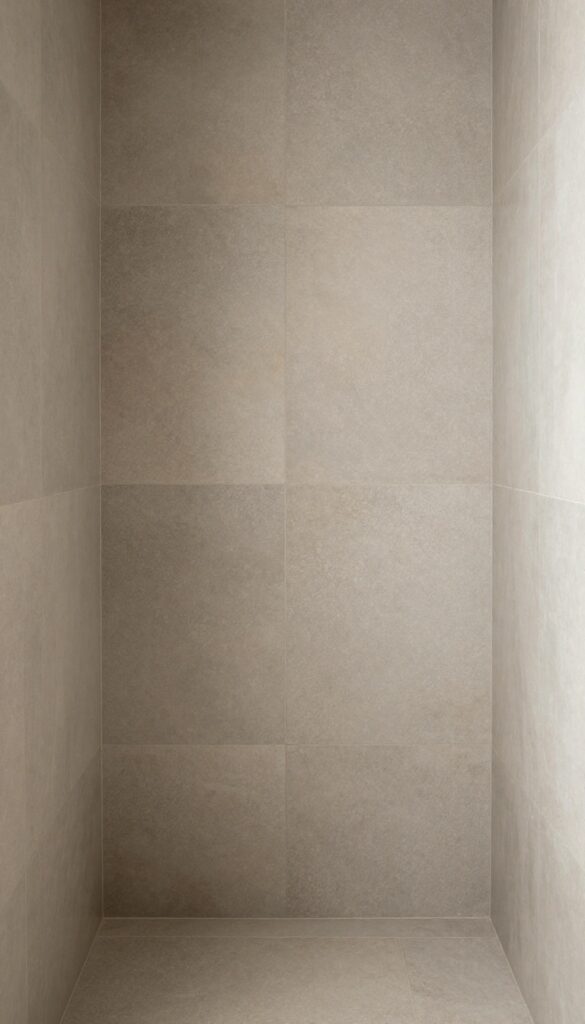 A steam shower with textured tiles in neutral colors, highlighting matte and glossy finishes for visual depth and a spa-like atmosphere.