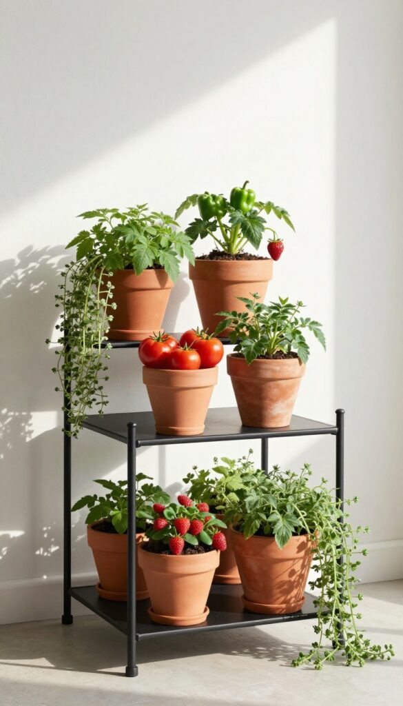 Tiered plant stand with compact veggies on a sunny patio
