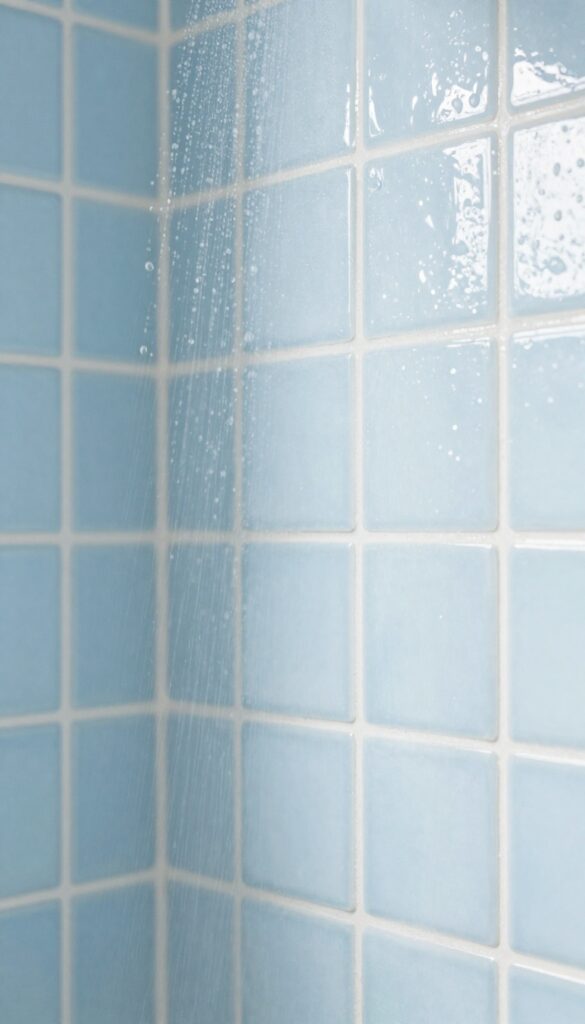 Pale blue glass penny round tiles in a shower with natural light creating a shimmering effect