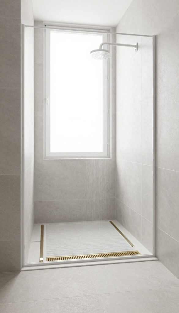 Modern curbless shower with extra-long linear drain in brushed brass, large-format stone tiles, bright natural light