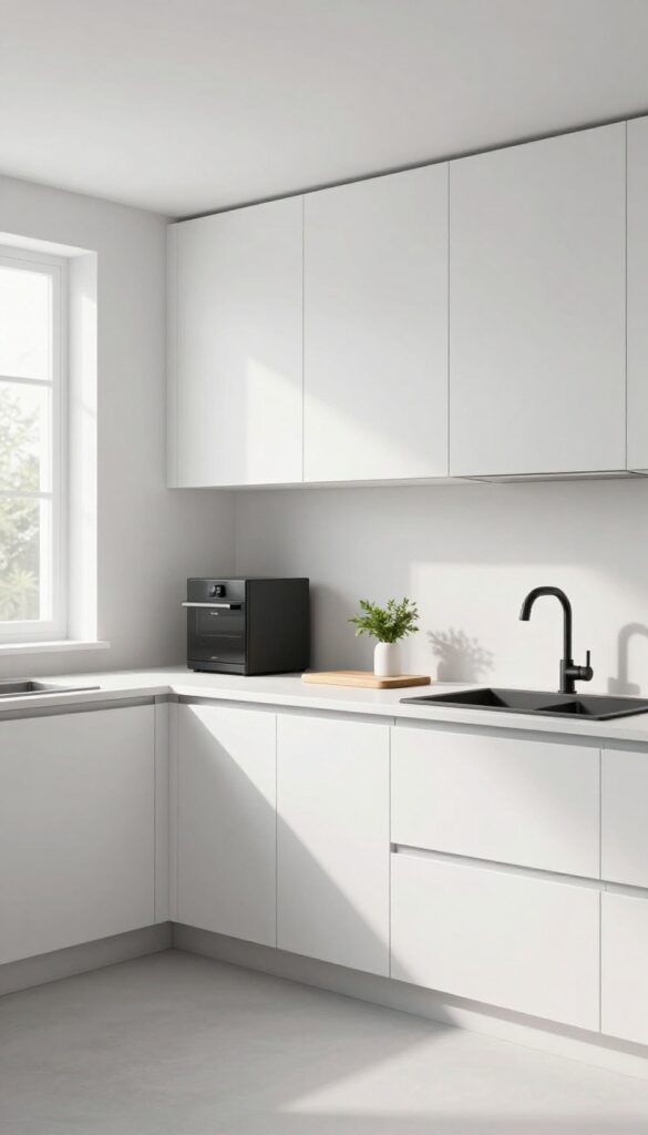 Sleek modern kitchen with handleless cabinets, integrated appliances, monochrome palette, matte black fixtures, and natural light.