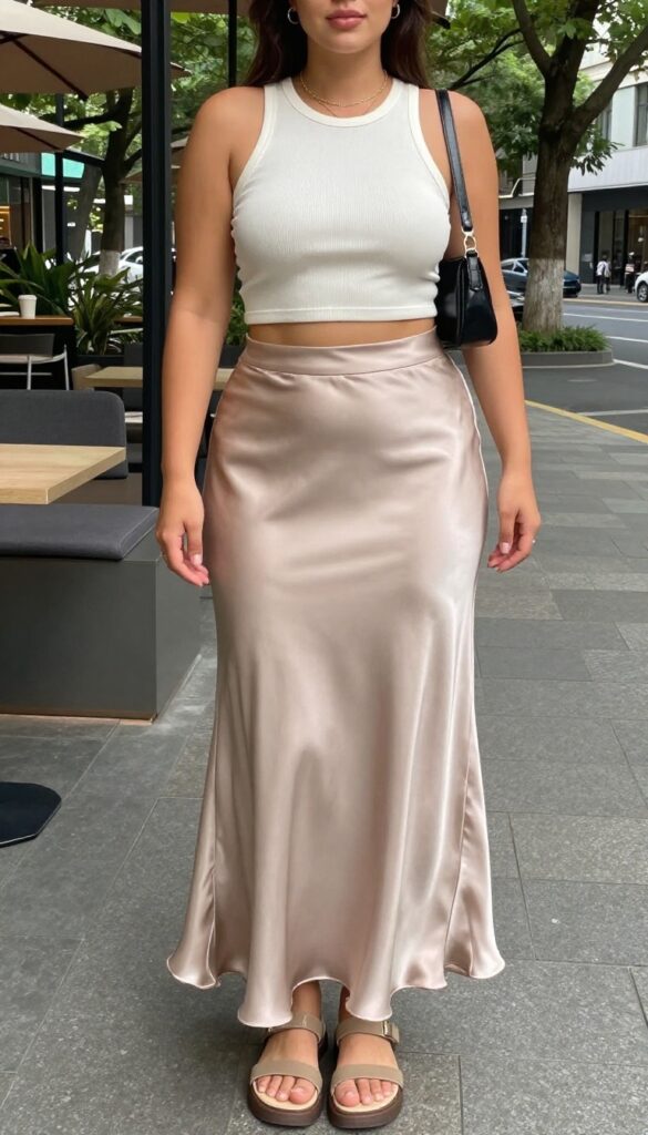 A woman wearing a cropped tank top and high-waisted satin skirt with chunky sandals, layered necklaces, and a small shoulder bag, styled for a summer brunch in natural light.