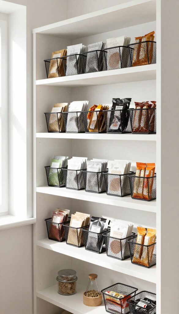 Under-shelf wire baskets clipped onto a pantry shelf, holding tea bags and spice packets in an organized kitchen pantry.