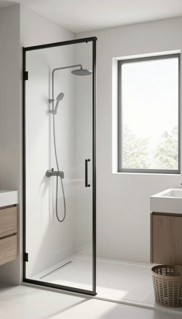 A small bathroom with a sliding glass door walk-in shower, showcasing space-saving design in bright natural light.