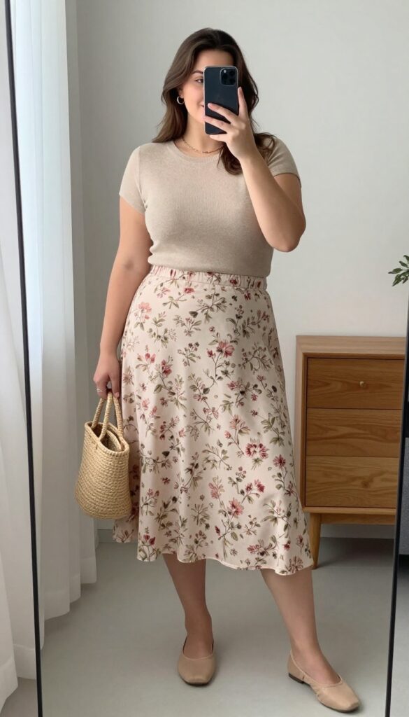 Plus-size woman in floral midi skirt and neutral knit top taking mirror selfie, brunch outfit idea.