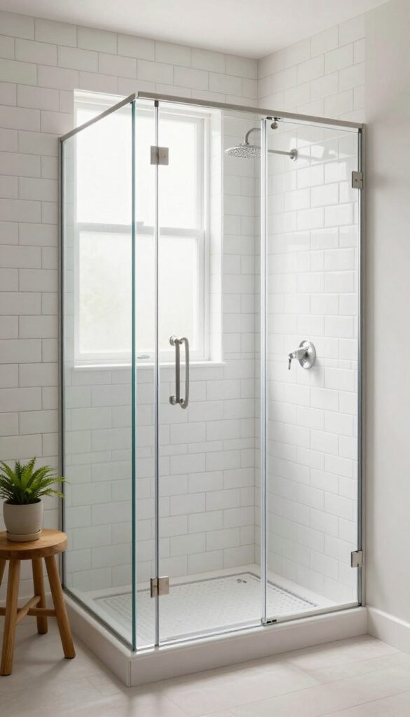 White subway tile walk-in shower with dark grout, natural light, brushed nickel fixtures, wooden stool, and potted plant.